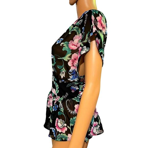 Express Womens Blouse Sheer‎ Floral Print V Neck Short Sleeves Size S Mystigoth - Picture 2 of 9